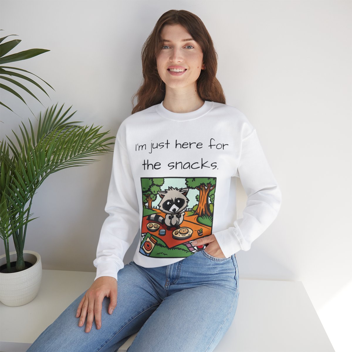 shirt that says 'im just here for the snacks' with a picture of a raccoon