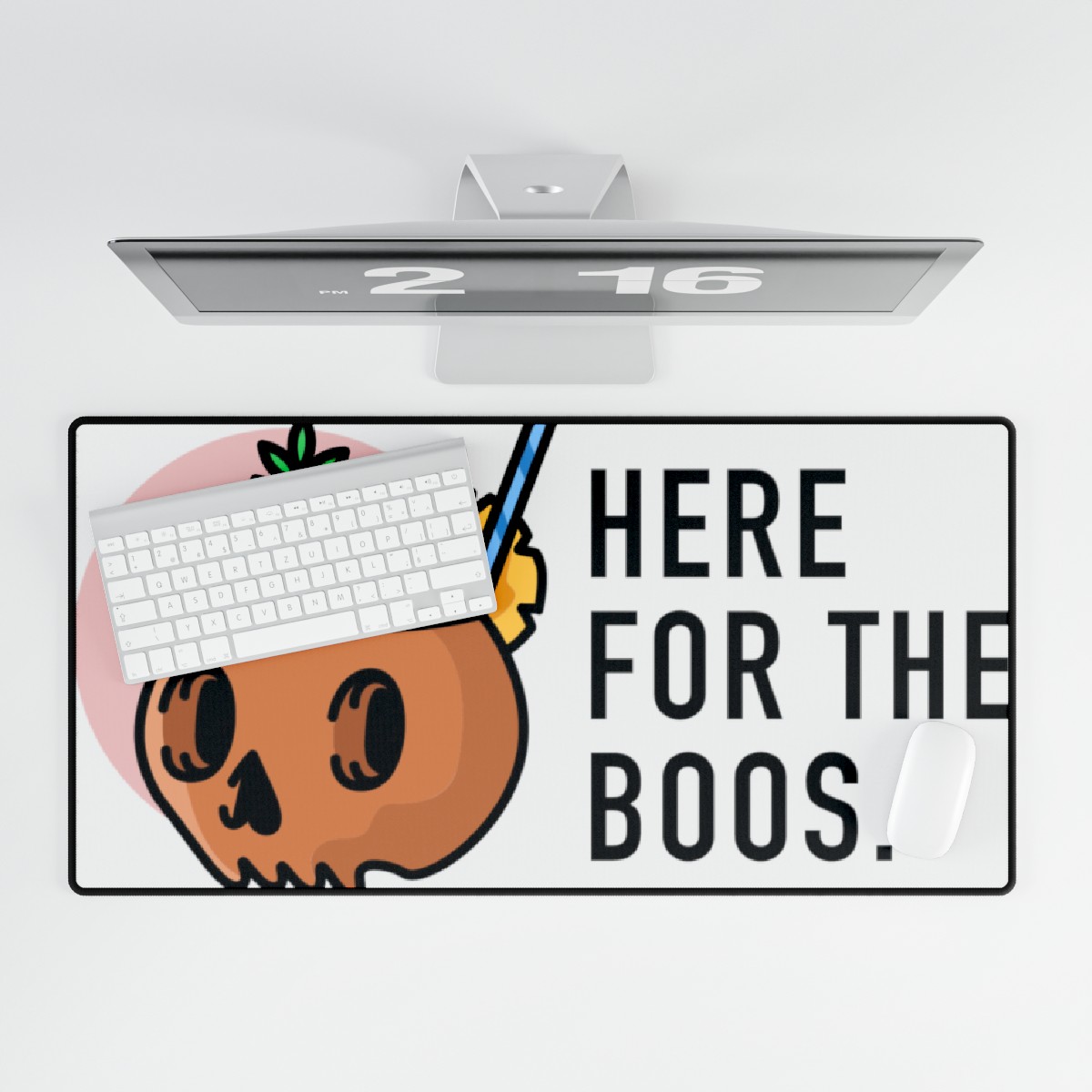 mouse pad with a skull and says 'here for the boos'